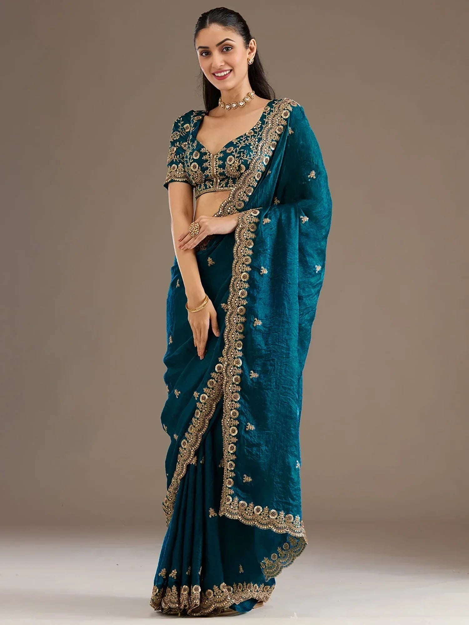 Blue Elegant Embroidered Tissue Silk Party Wear Saree With Blouse
