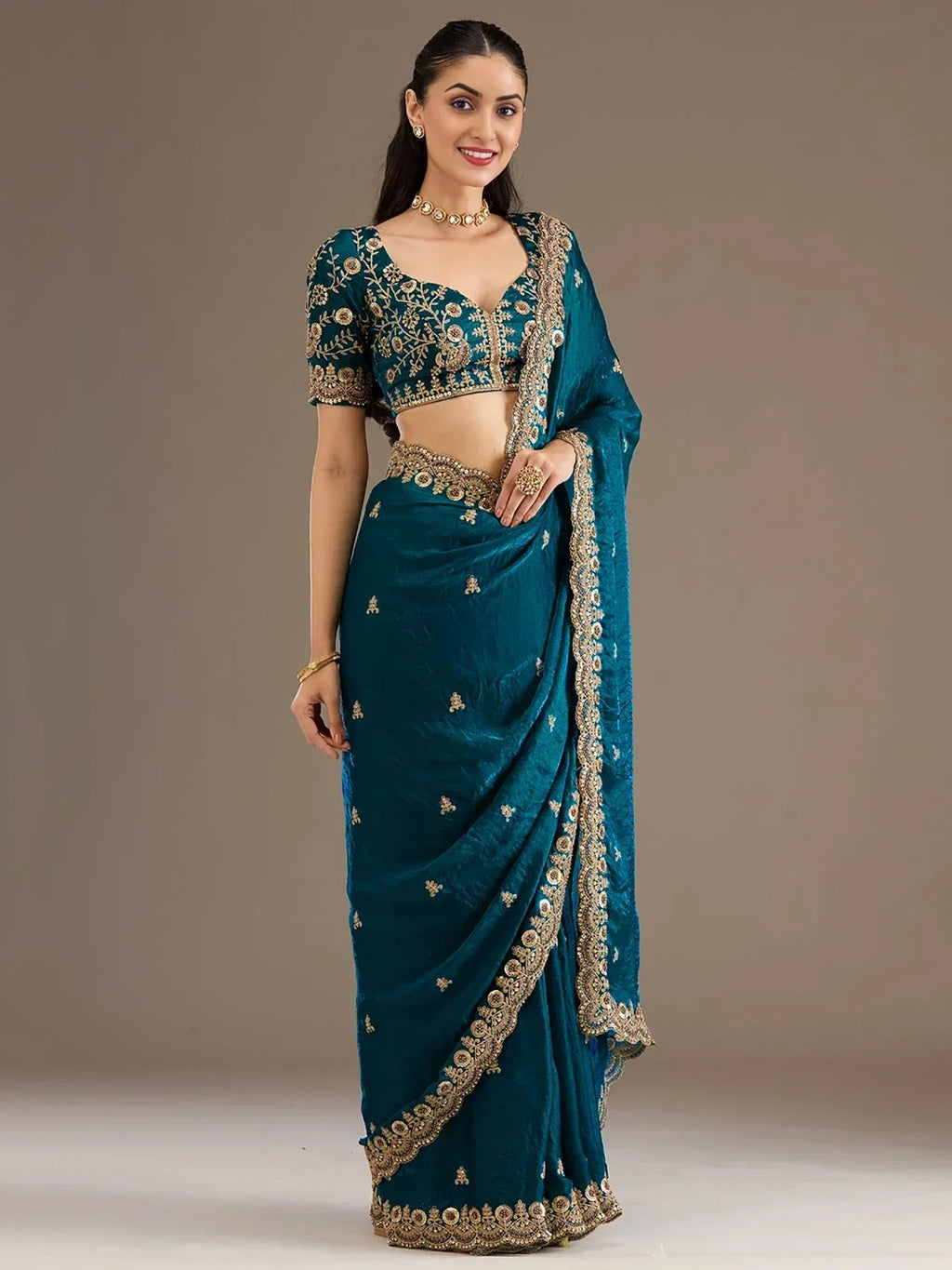 Blue Elegant Embroidered Tissue Silk Party Wear Saree With Blouse