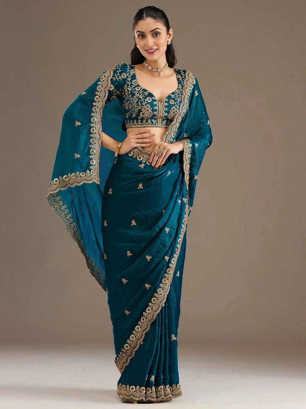 Blue Elegant Embroidered Tissue Silk Party Wear Saree With Blouse