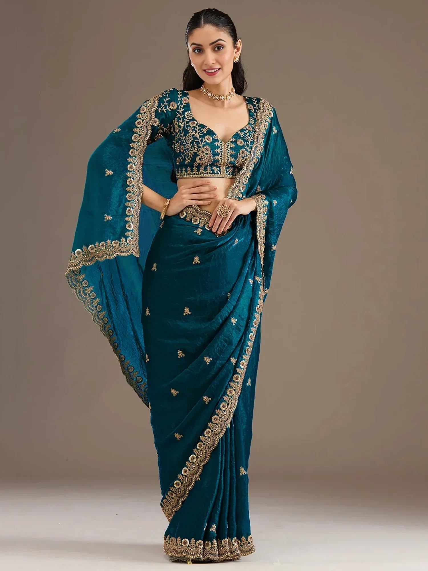 Blue Elegant Embroidered Tissue Silk Party Wear Saree With Blouse