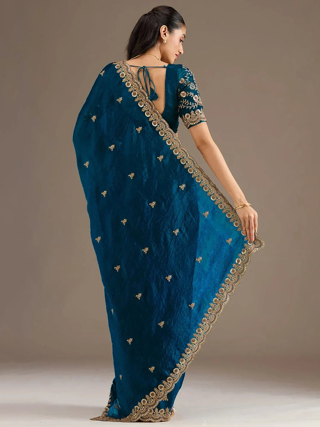 Blue Elegant Embroidered Tissue Silk Party Wear Saree With Blouse