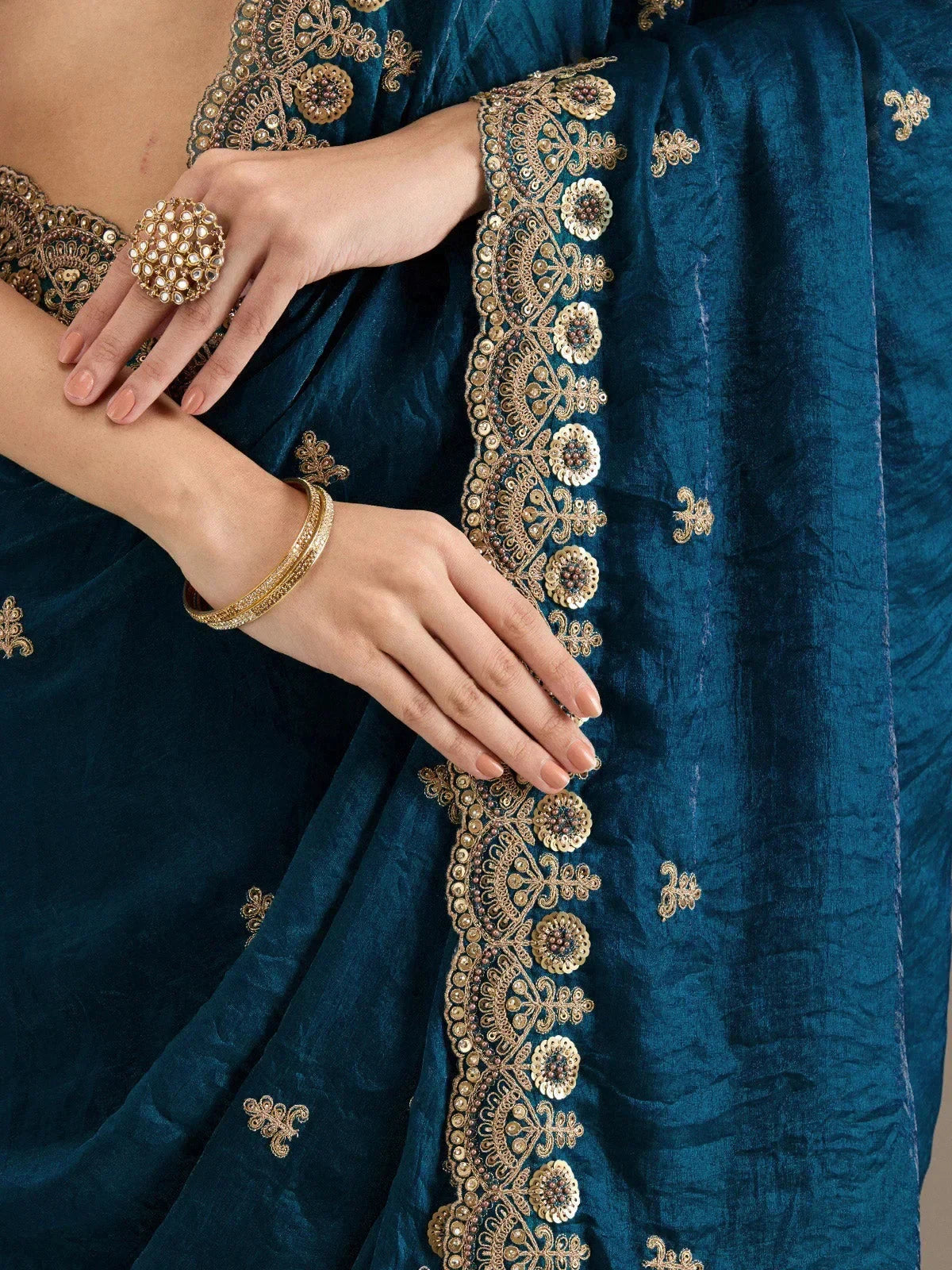 Blue Elegant Embroidered Tissue Silk Party Wear Saree With Blouse