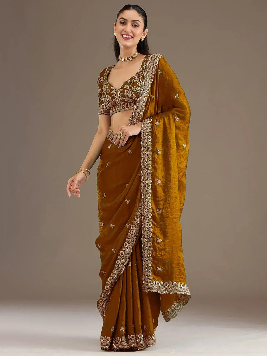 Classic Elegant Embroidered Tissue Silk Party Wear Saree With Blouse
