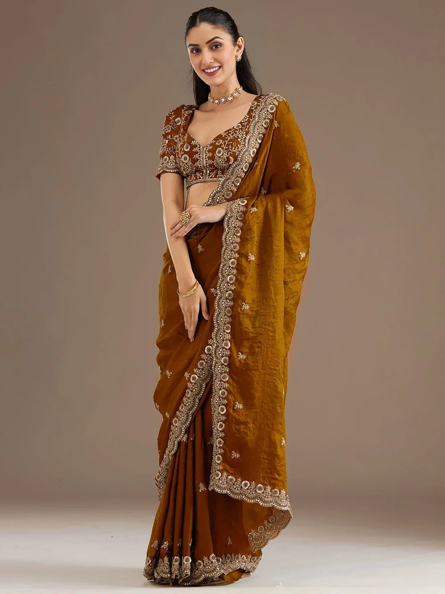 Classic Elegant Embroidered Tissue Silk Party Wear Saree With Blouse