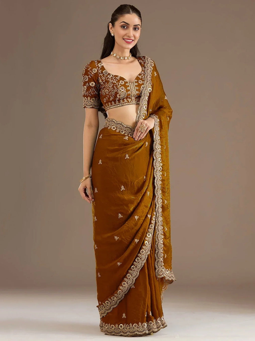 Classic Elegant Embroidered Tissue Silk Party Wear Saree With Blouse
