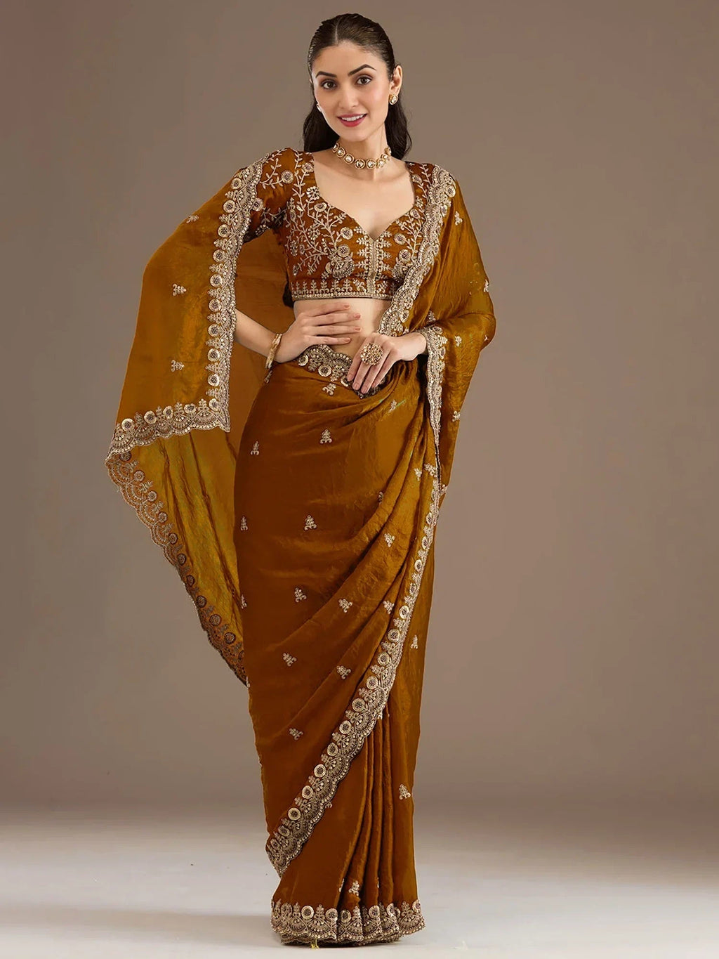 Classic Elegant Embroidered Tissue Silk Party Wear Saree With Blouse