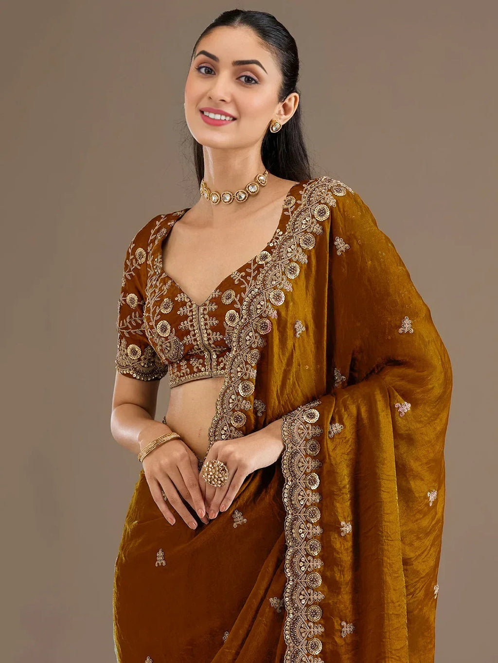 Classic Elegant Embroidered Tissue Silk Party Wear Saree With Blouse