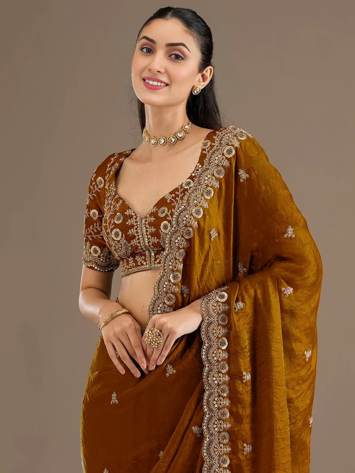 Classic Elegant Embroidered Tissue Silk Party Wear Saree With Blouse