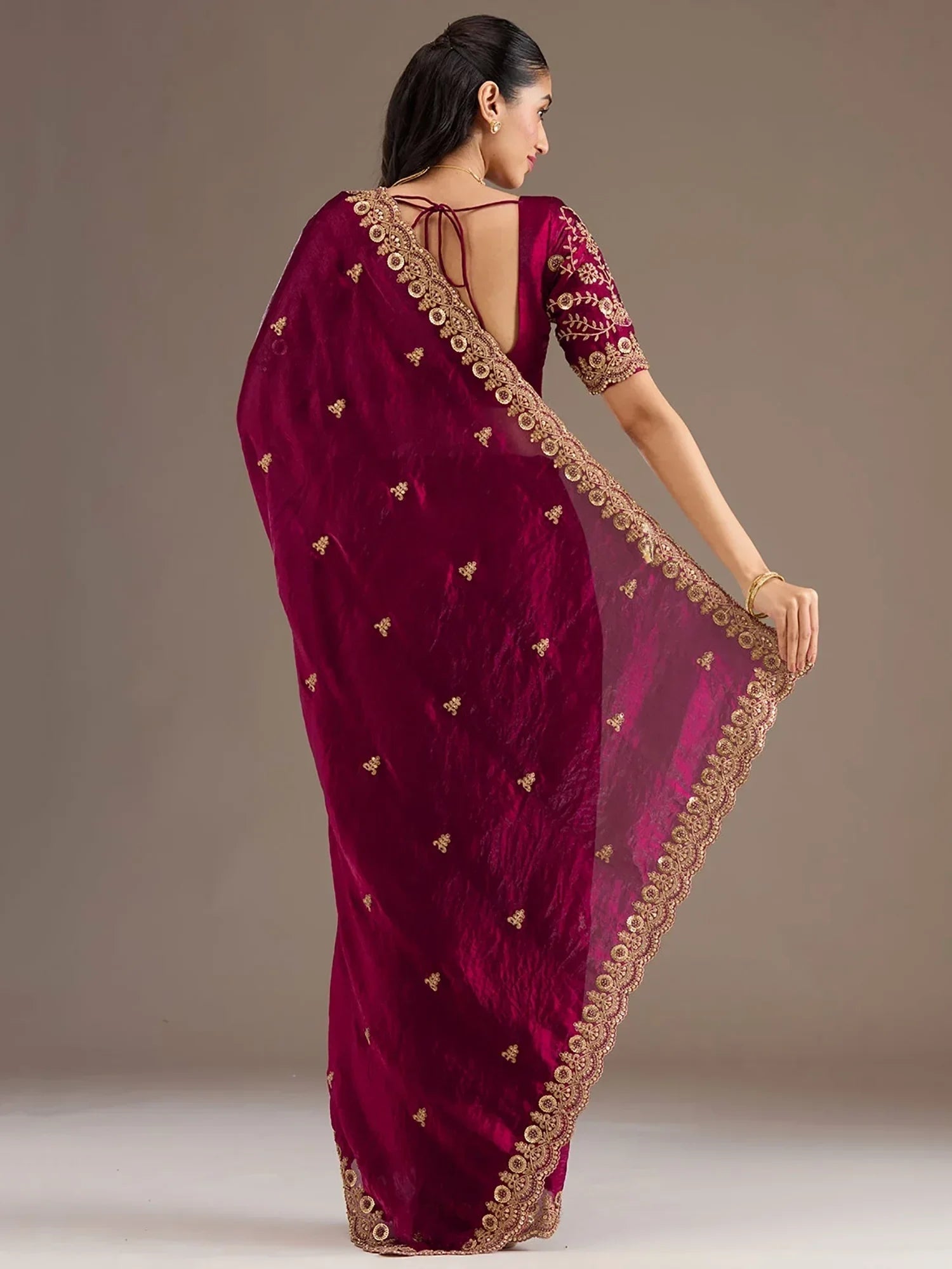 Maroon Elegant Embroidered Tissue Silk Party Wear Saree With Blouse