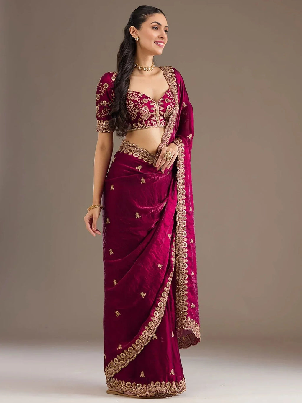 Maroon Elegant Embroidered Tissue Silk Party Wear Saree With Blouse