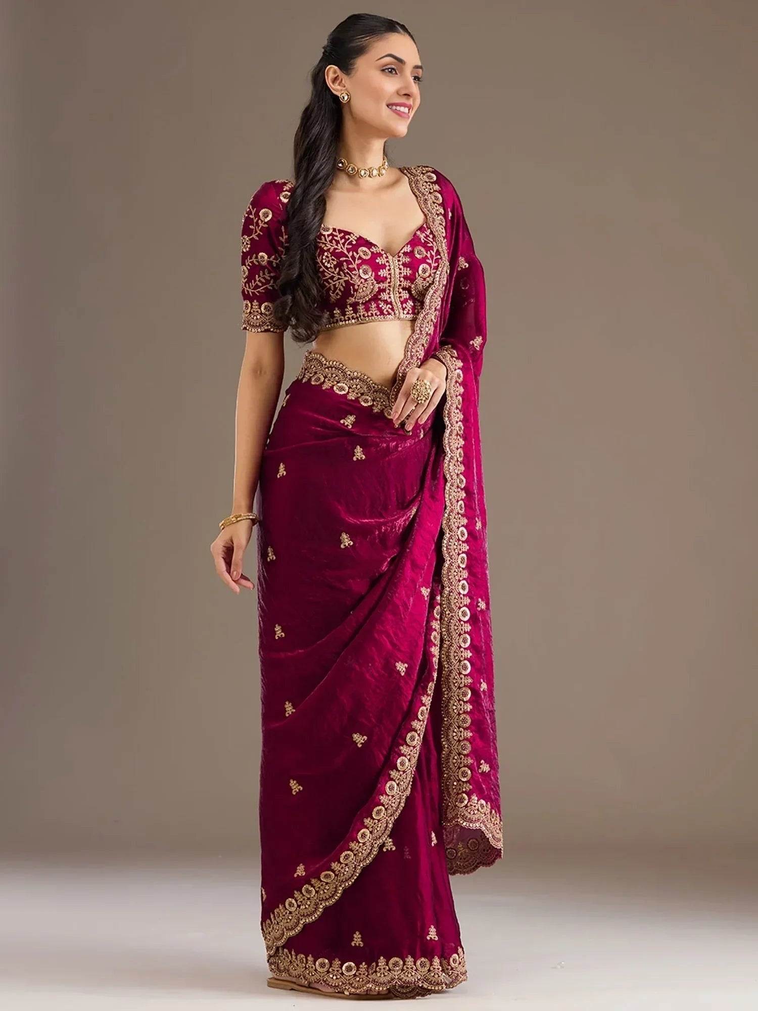 Maroon Elegant Embroidered Tissue Silk Party Wear Saree With Blouse