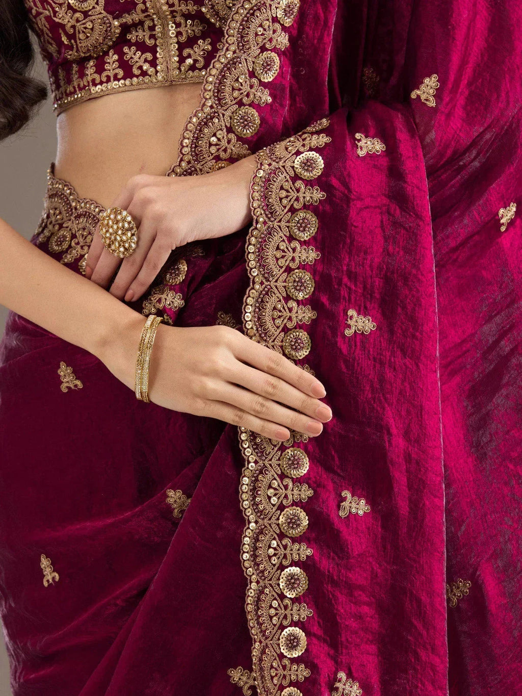 Maroon Elegant Embroidered Tissue Silk Party Wear Saree With Blouse