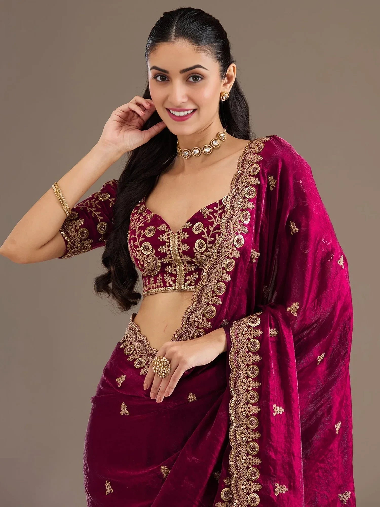 Maroon Elegant Embroidered Tissue Silk Party Wear Saree With Blouse