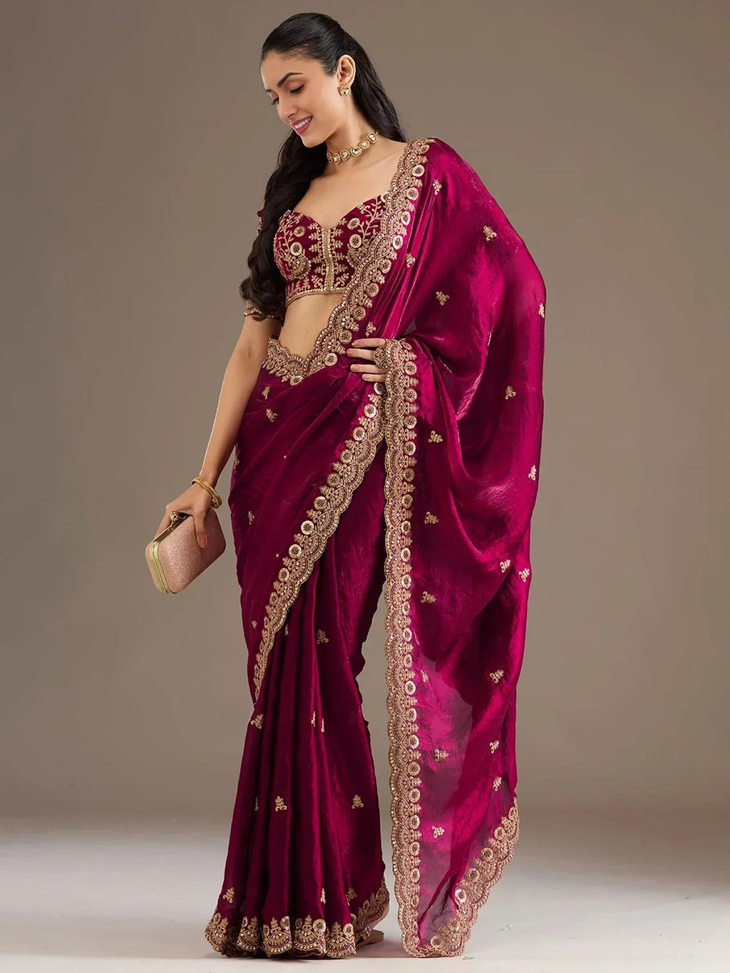 Maroon Elegant Embroidered Tissue Silk Party Wear Saree With Blouse