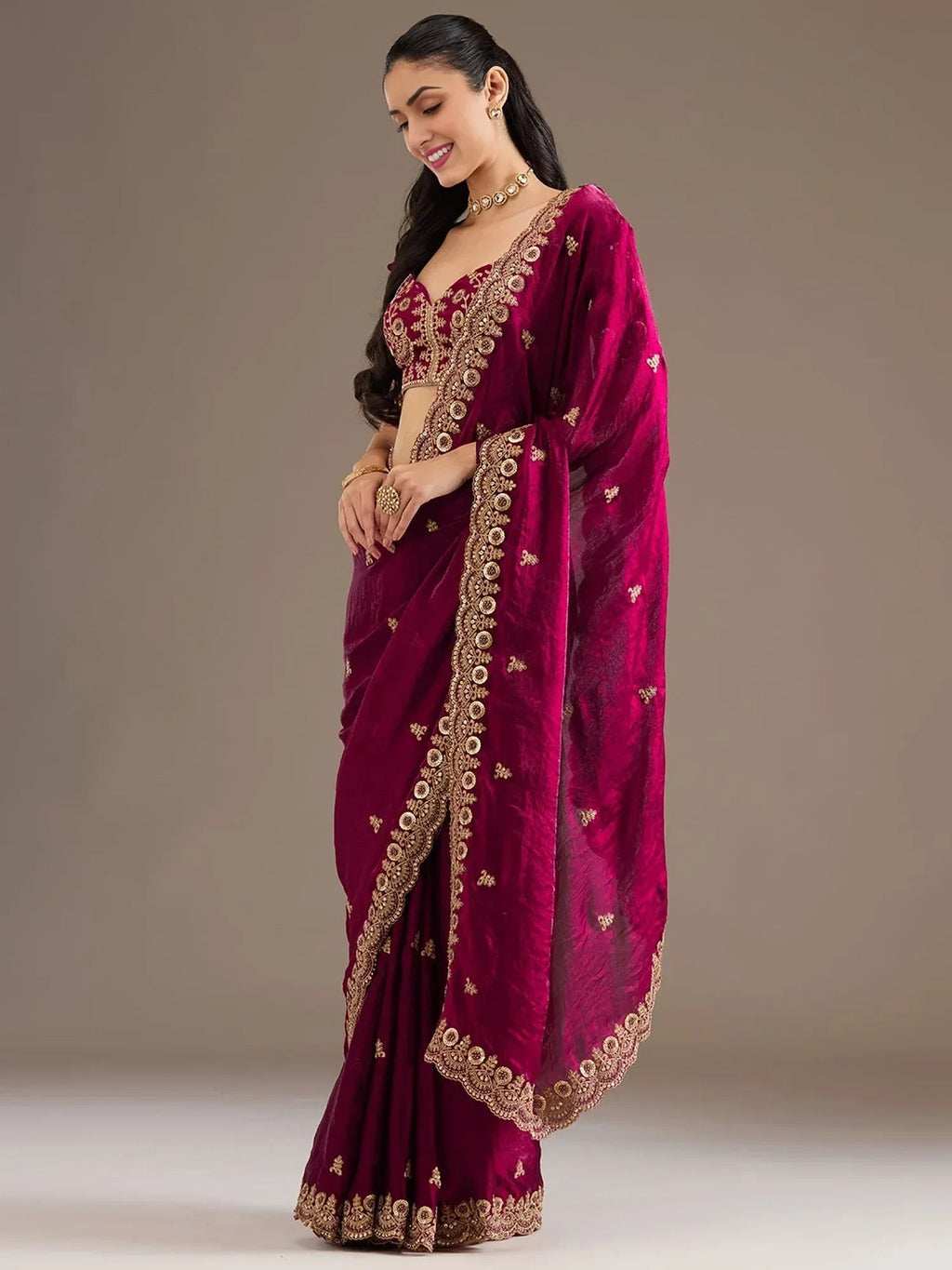 Maroon Elegant Embroidered Tissue Silk Party Wear Saree With Blouse