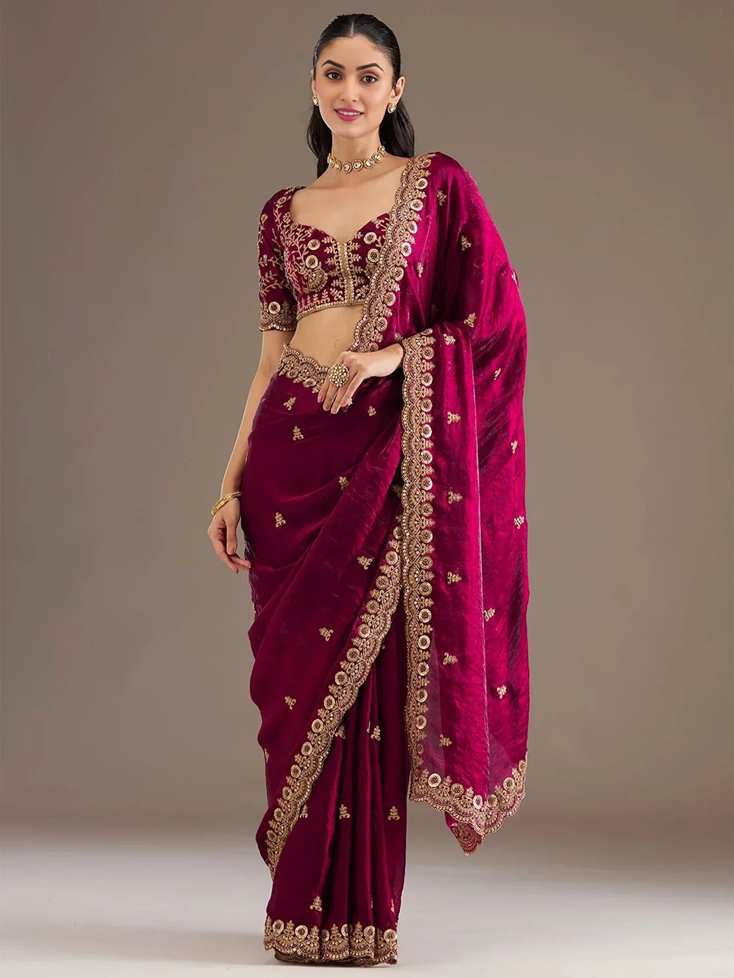 Maroon Elegant Embroidered Tissue Silk Party Wear Saree With Blouse