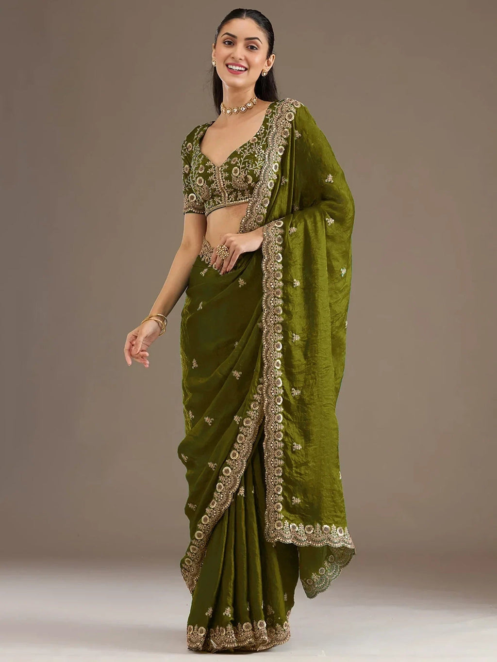 Green Elegant Embroidered Tissue Silk Party Wear Saree With Blouse