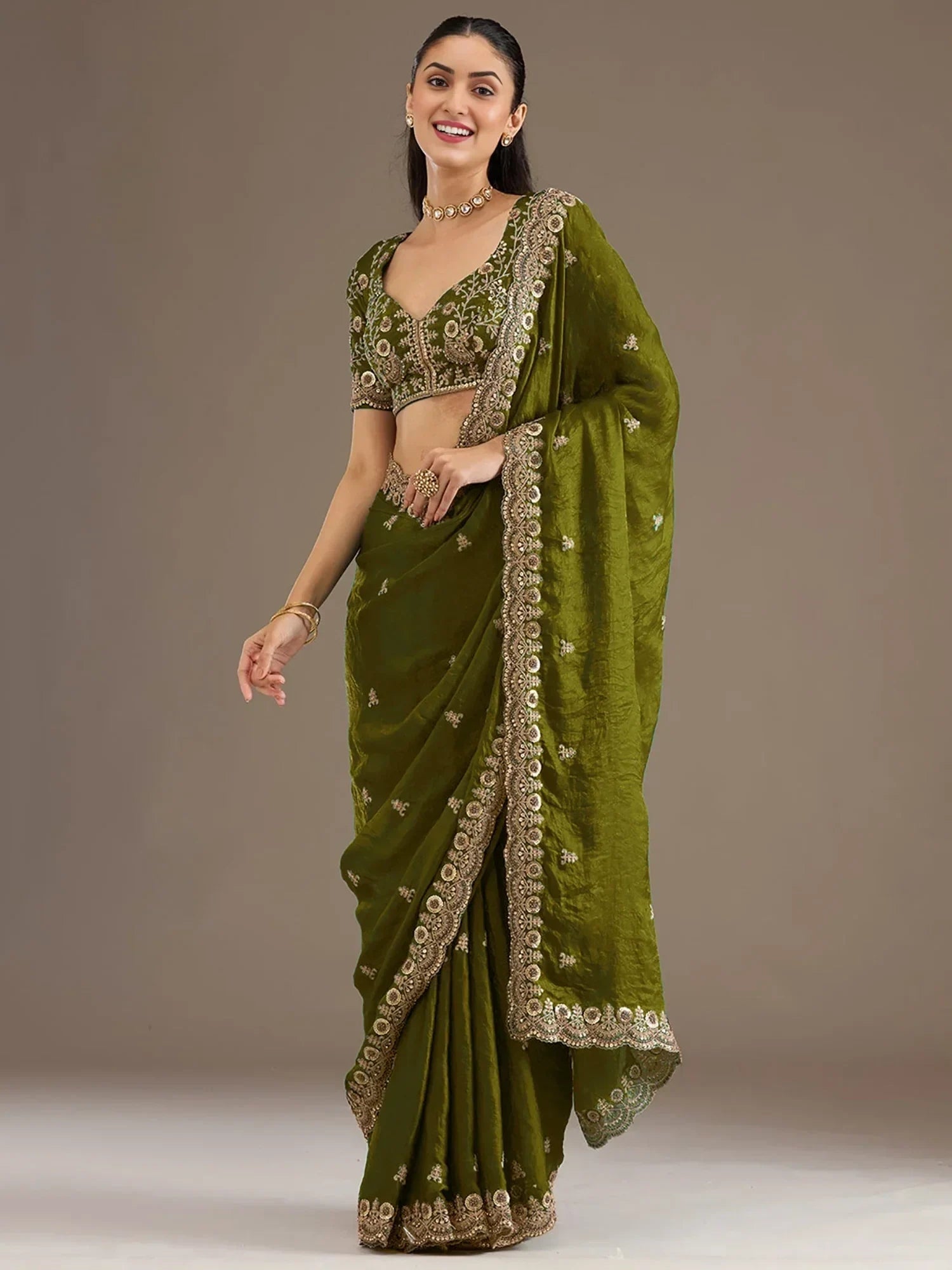 Green Elegant Embroidered Tissue Silk Party Wear Saree With Blouse