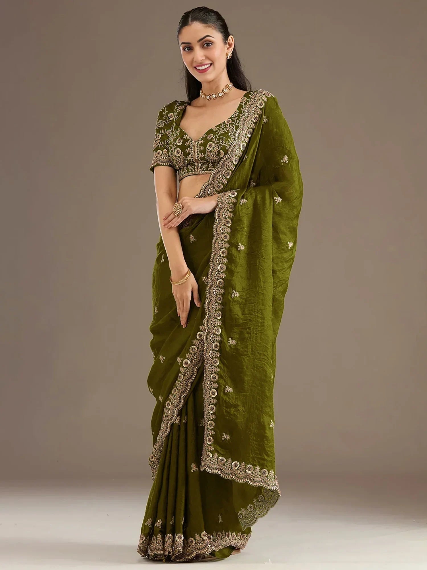 Green Elegant Embroidered Tissue Silk Party Wear Saree With Blouse