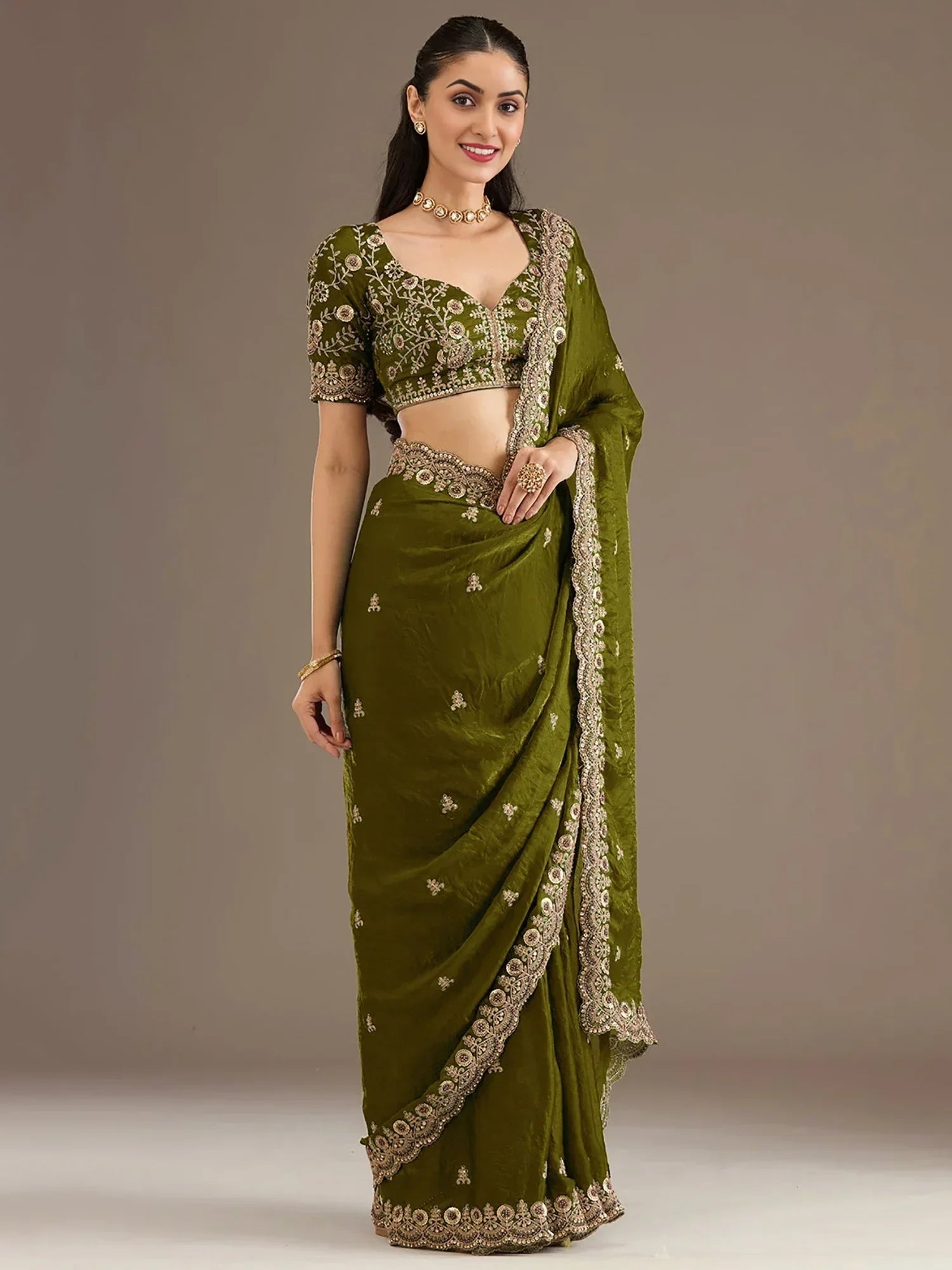 Green Elegant Embroidered Tissue Silk Party Wear Saree With Blouse