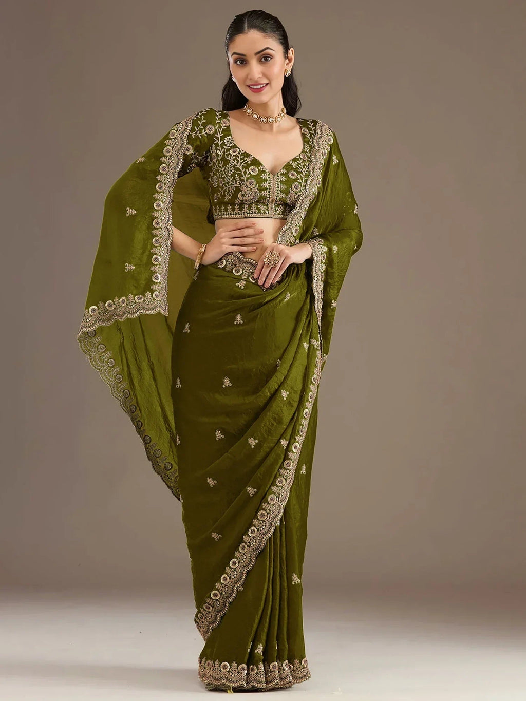 Green Elegant Embroidered Tissue Silk Party Wear Saree With Blouse