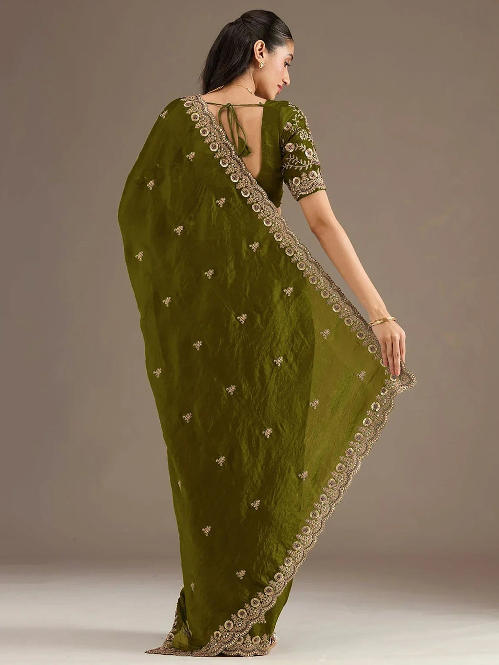 Green Elegant Embroidered Tissue Silk Party Wear Saree With Blouse