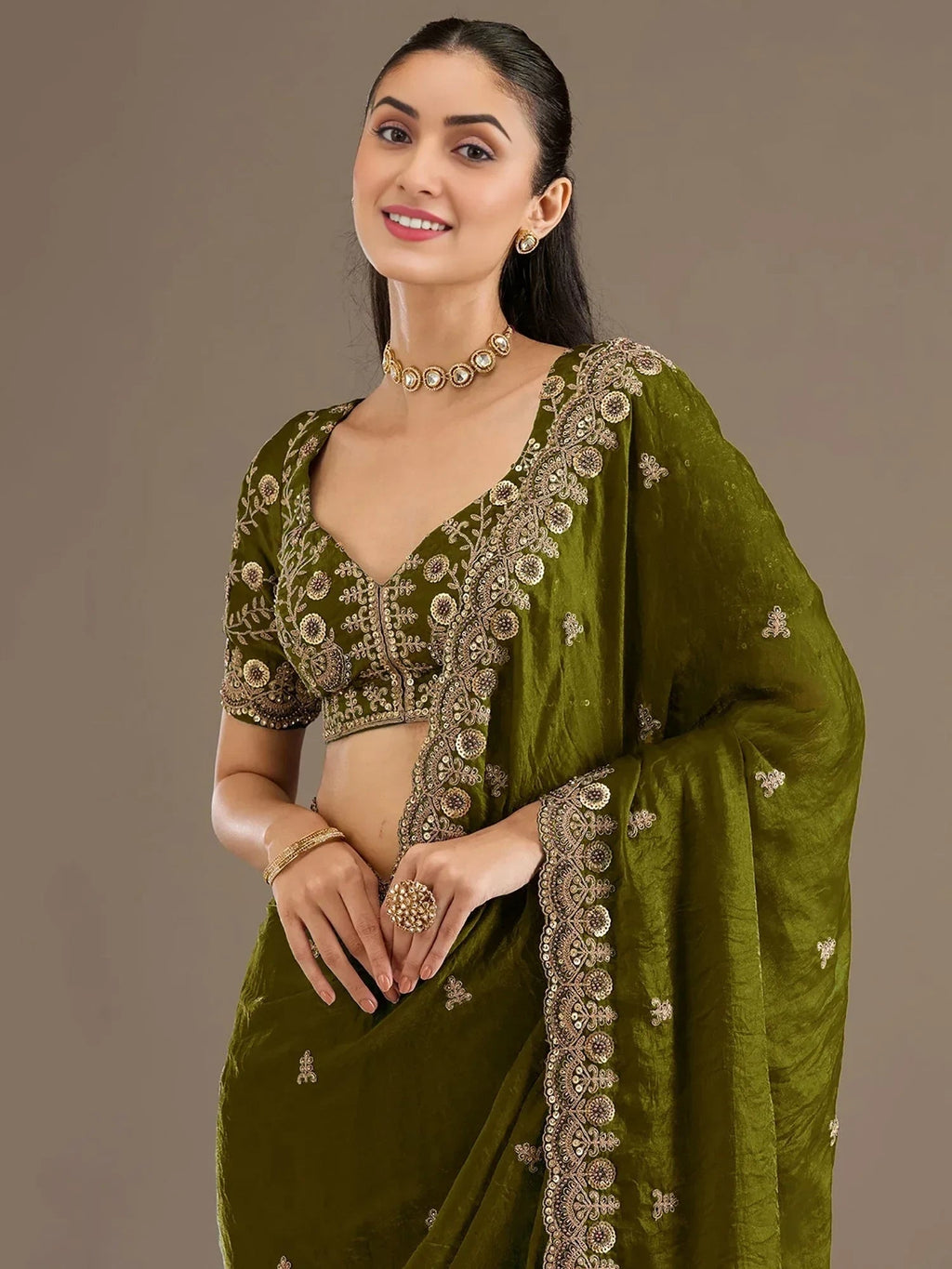 Green Elegant Embroidered Tissue Silk Party Wear Saree With Blouse