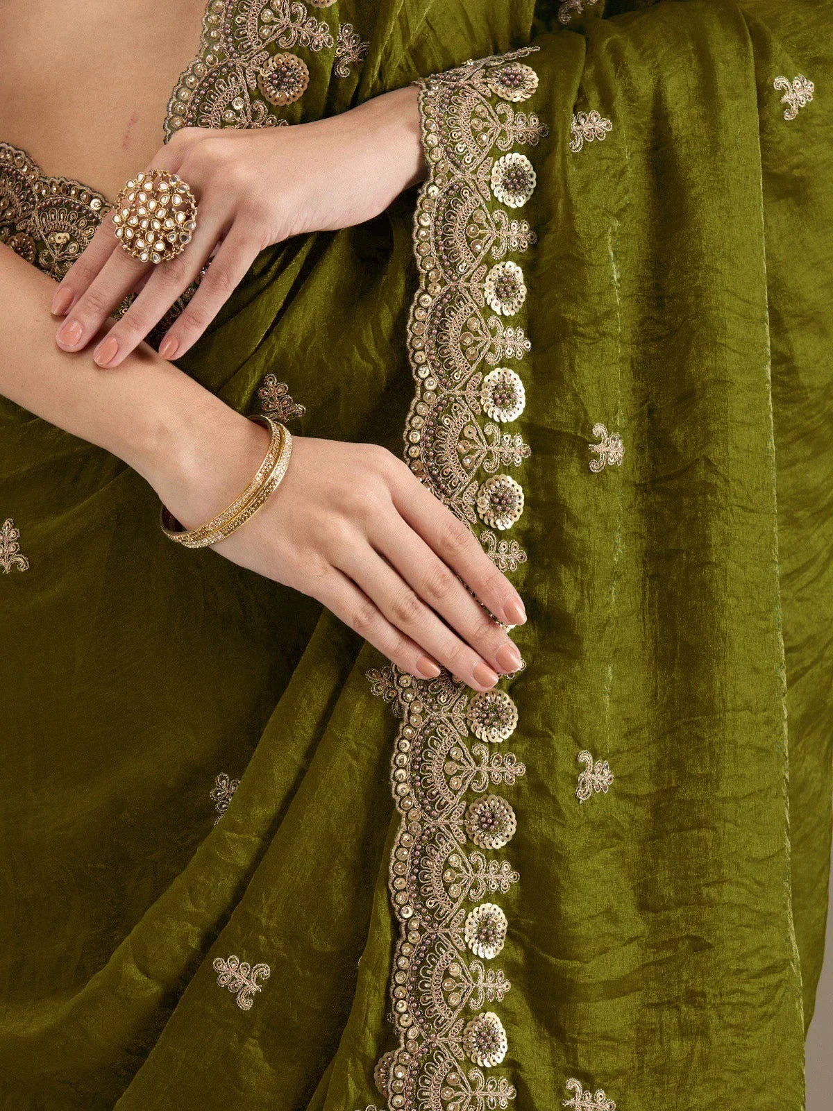 Green Elegant Embroidered Tissue Silk Party Wear Saree With Blouse