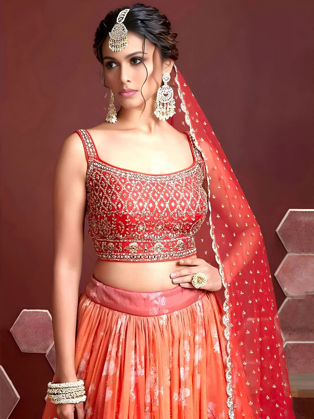 Marvelous Orange Digital Print Embroidery Tebby Silk Party Wear Lehenga Choli