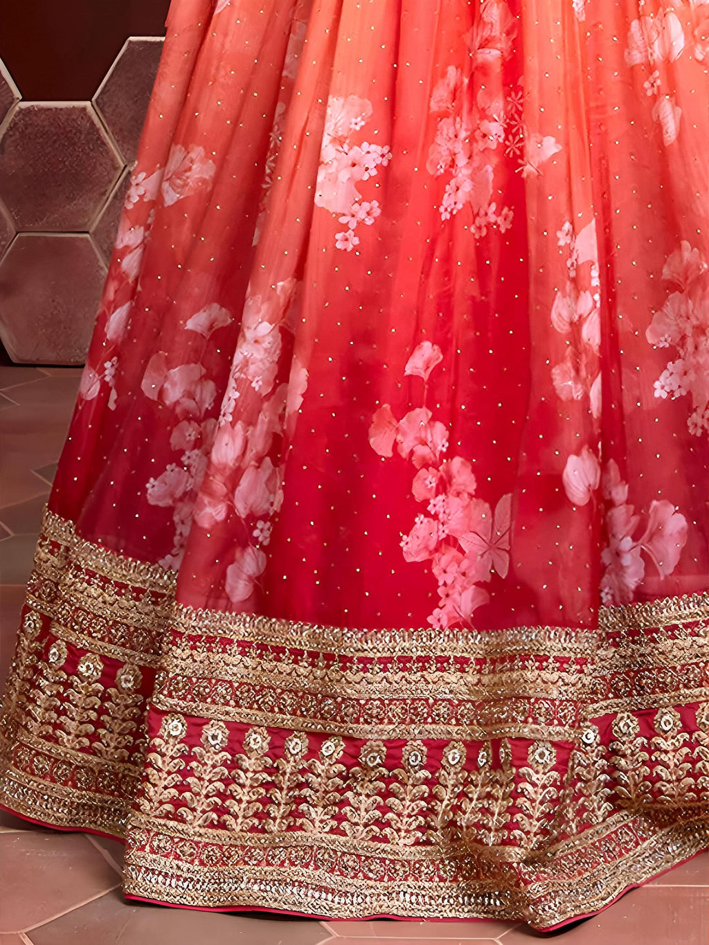 Marvelous Orange Digital Print Embroidery Tebby Silk Party Wear Lehenga Choli