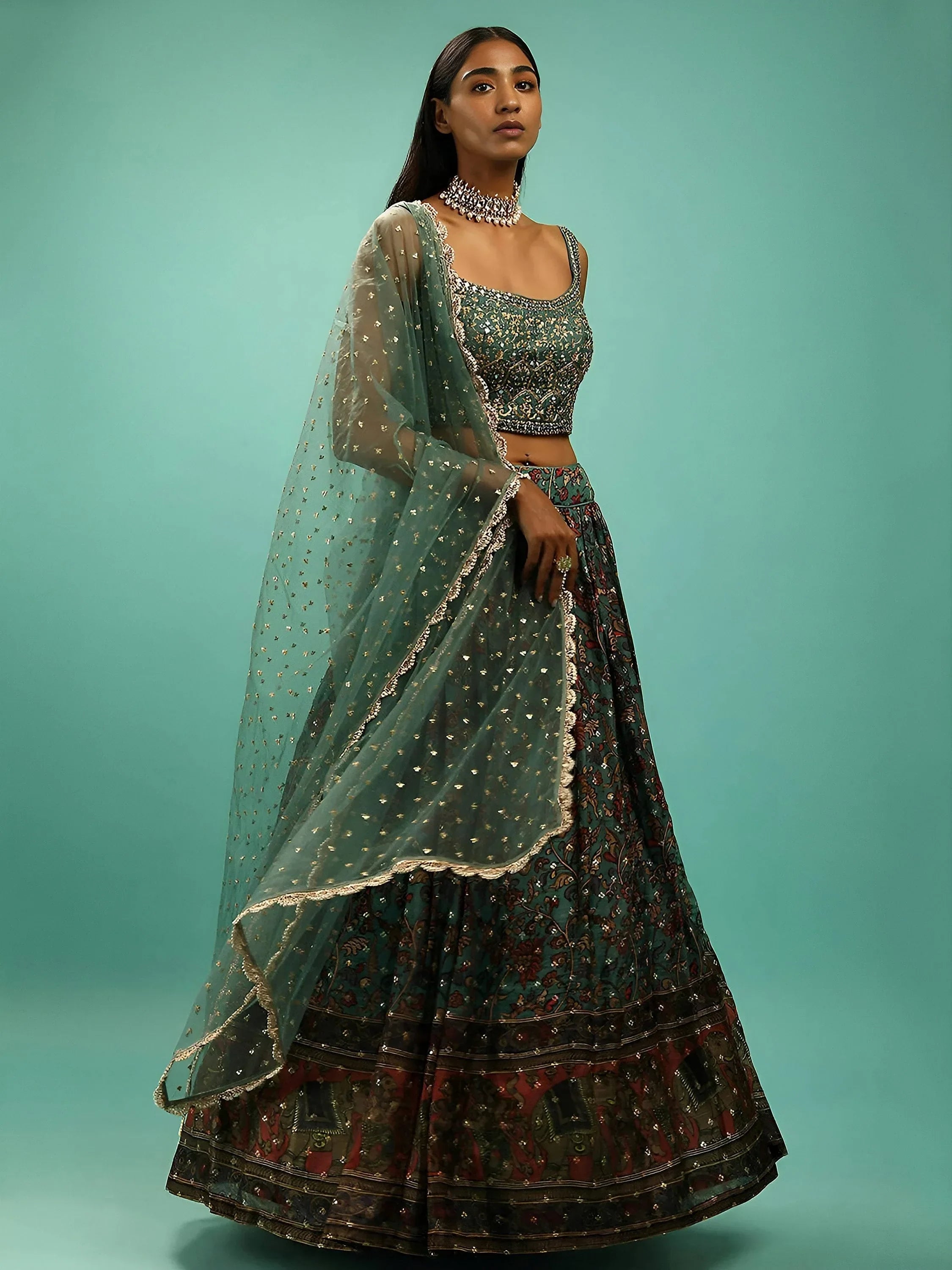 Green Wondrous Embroidery Chinon Silk Party Wear Lehenga Choli