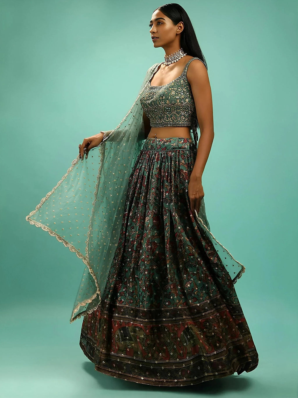 Green Wondrous Embroidery Chinon Silk Party Wear Lehenga Choli