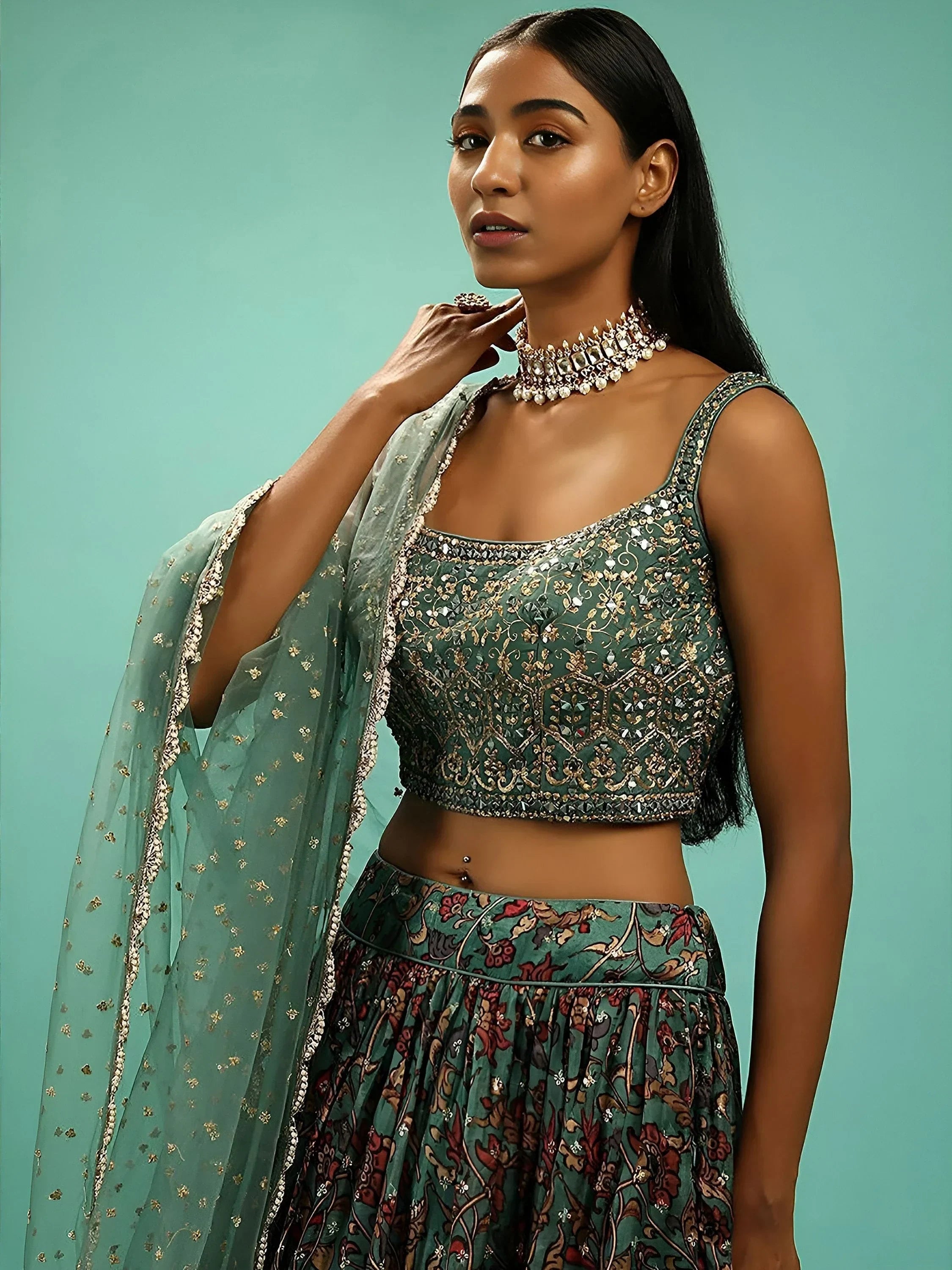 Green Wondrous Embroidery Chinon Silk Party Wear Lehenga Choli