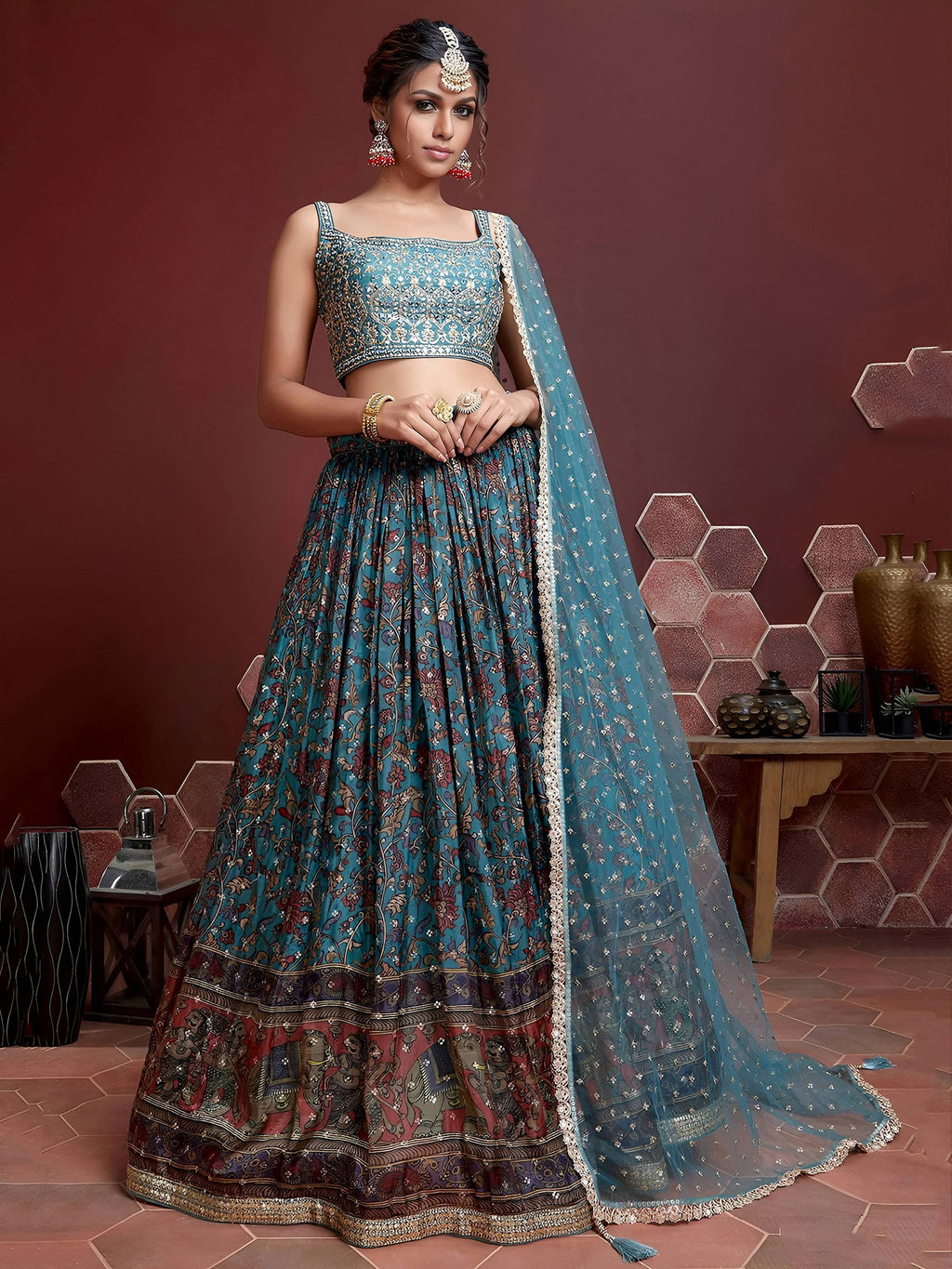 Blue Wondrous Embroidery Chinon Silk Party Wear Lehenga Choli