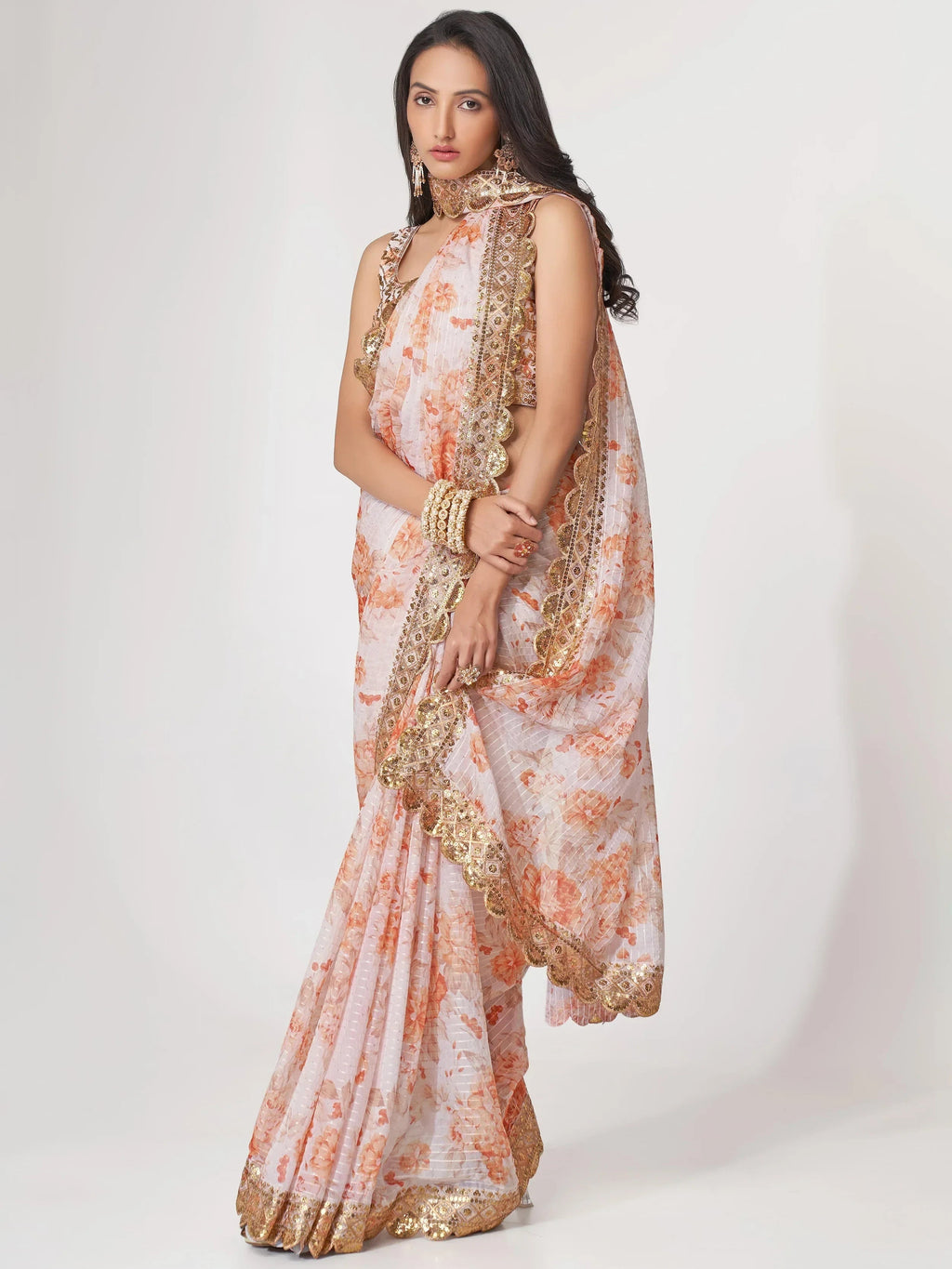 Gorgeous White Floral Printed Organza Party Wear Saree With Blouse