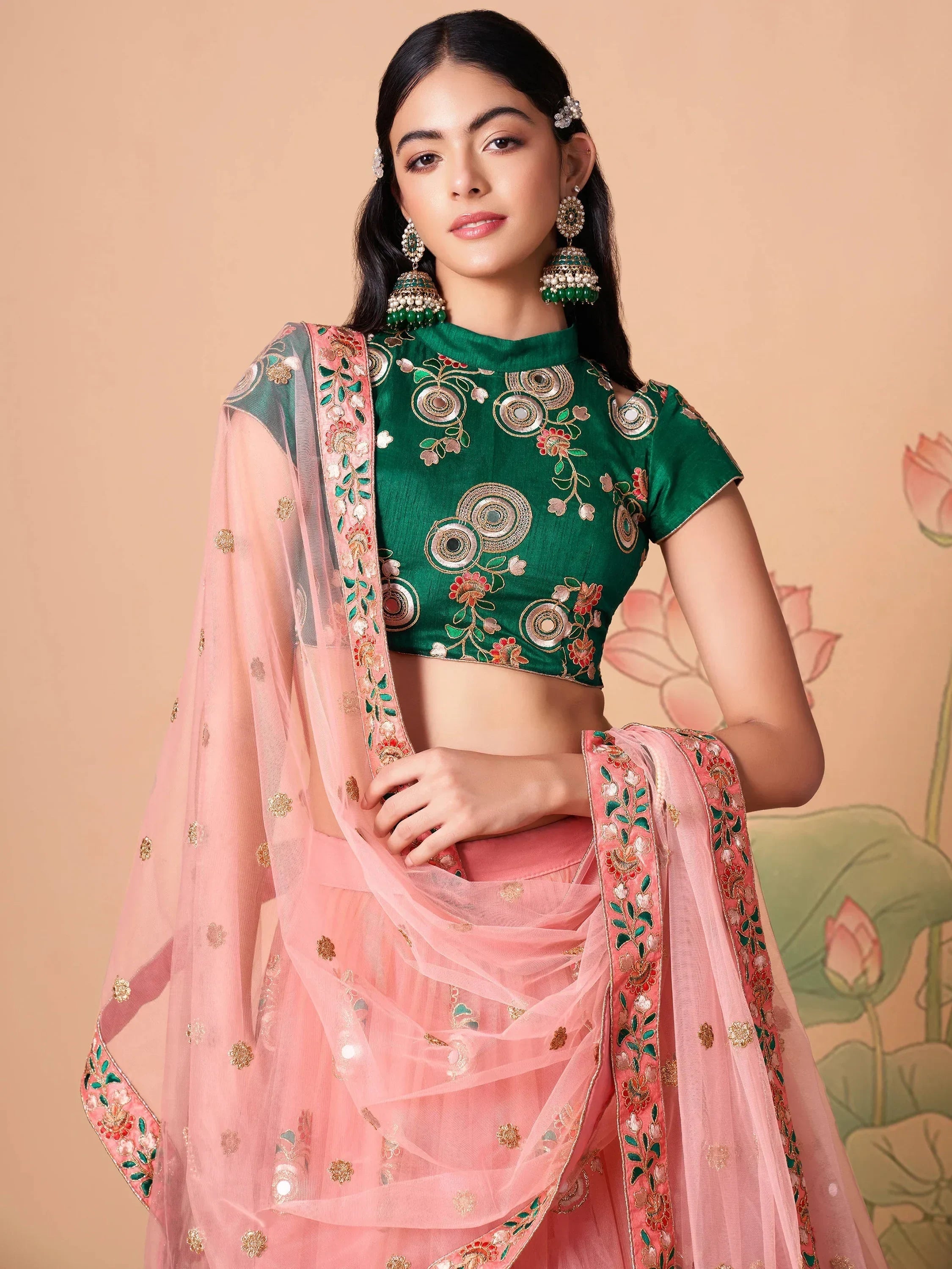 Elegant Peach Mirror Work Net Party Wear Lehenga Choli