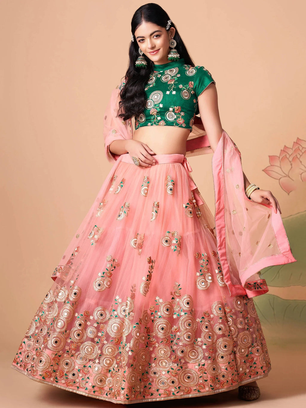 Elegant Peach Mirror Work Net Party Wear Lehenga Choli