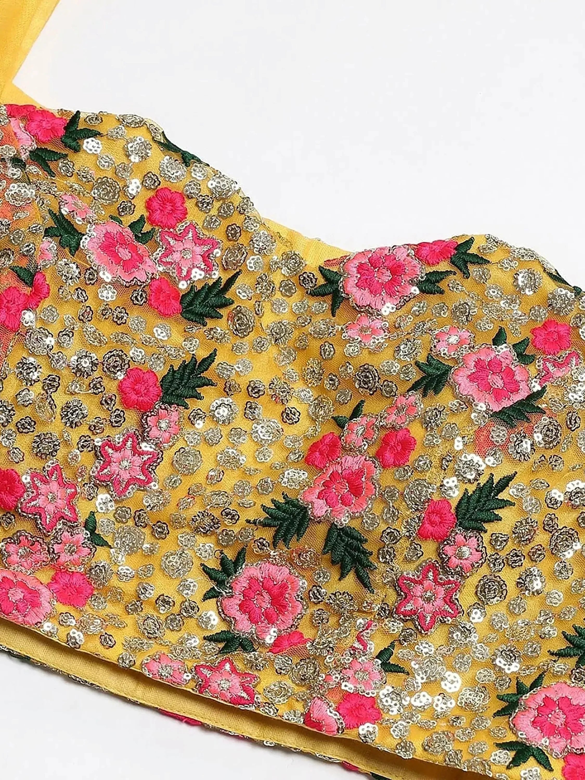 Great Yellow Thread Embroidered Net Haldi Wear Plus Size Lehenga Choli