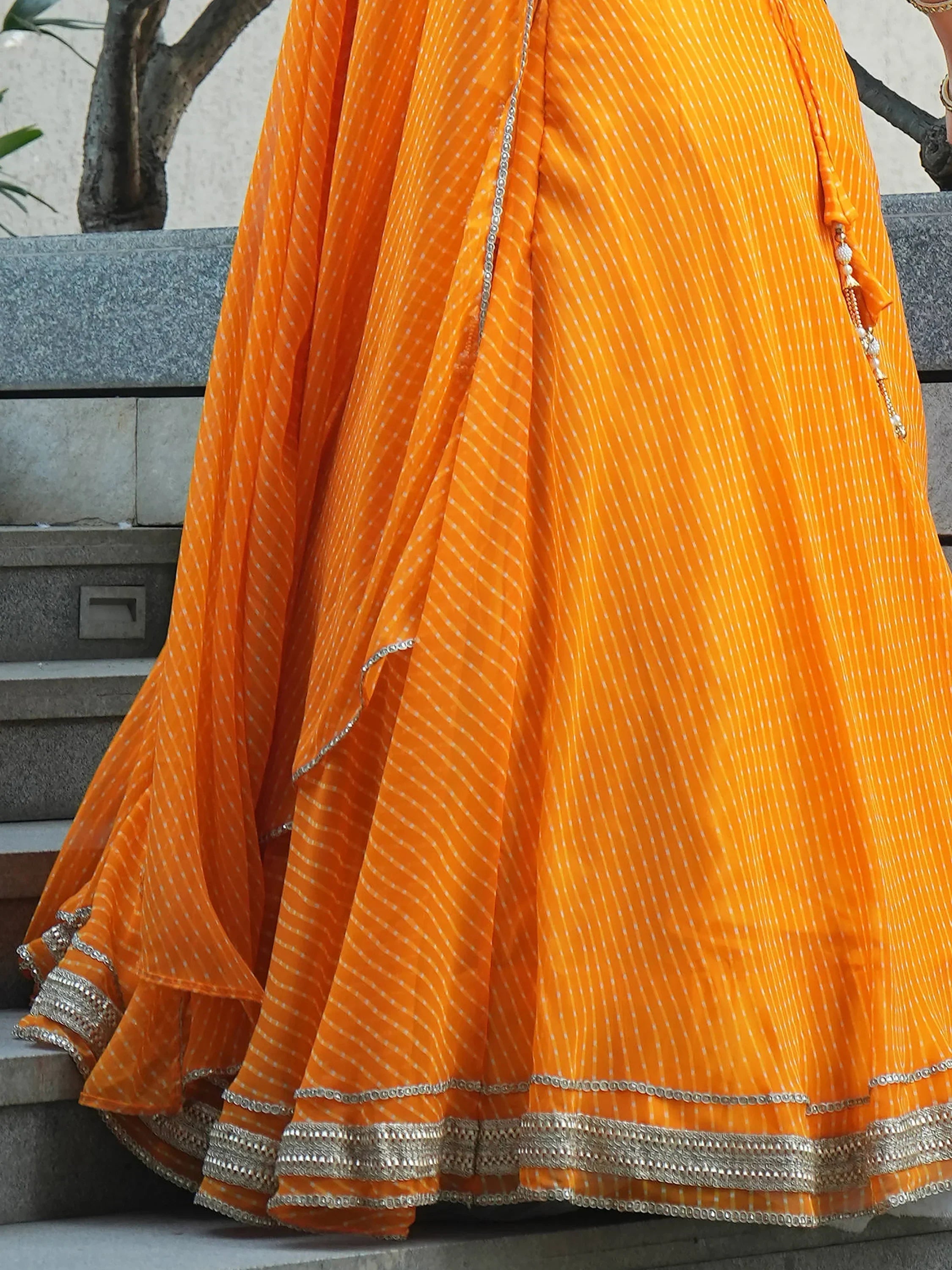 Amazing Orange Laheriya Print Georgette Haldi Wear Lehenga Choli