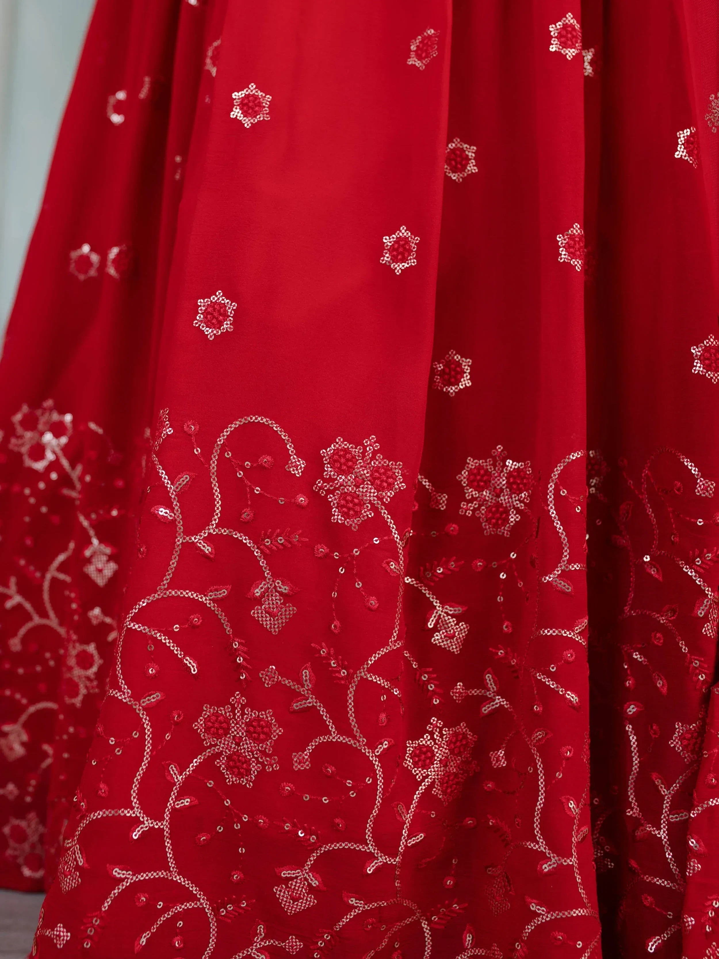 Awesome Red Embroidered Georgette Reception Wear Lehenga Choli