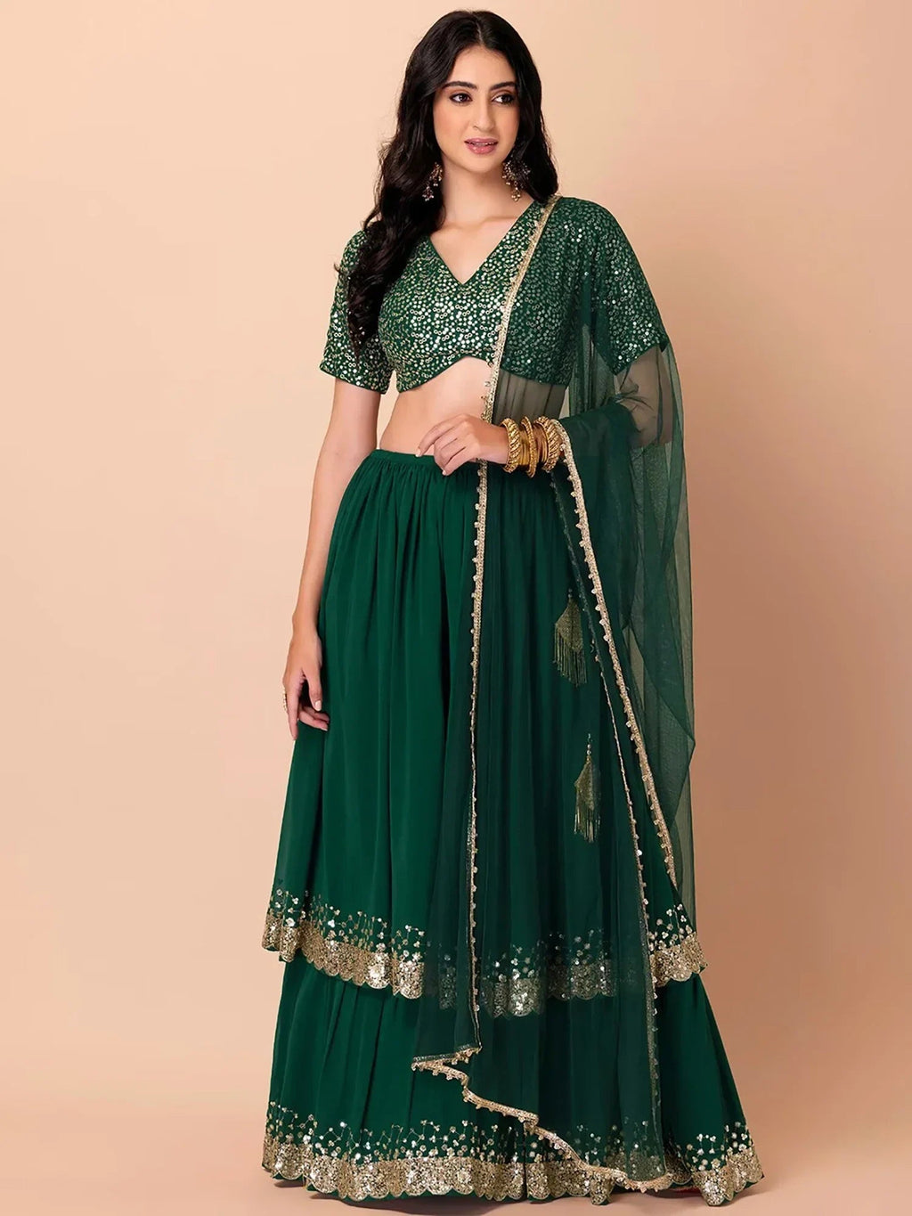 Green Amazing Sequins Georgette Reception Wear Lehenga Choli