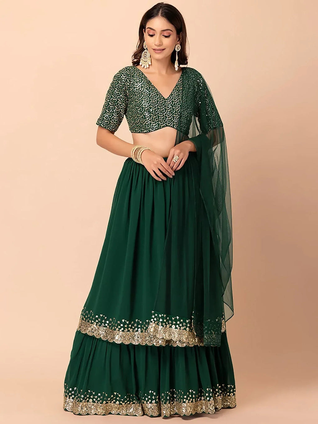 Green Amazing Sequins Georgette Reception Wear Lehenga Choli