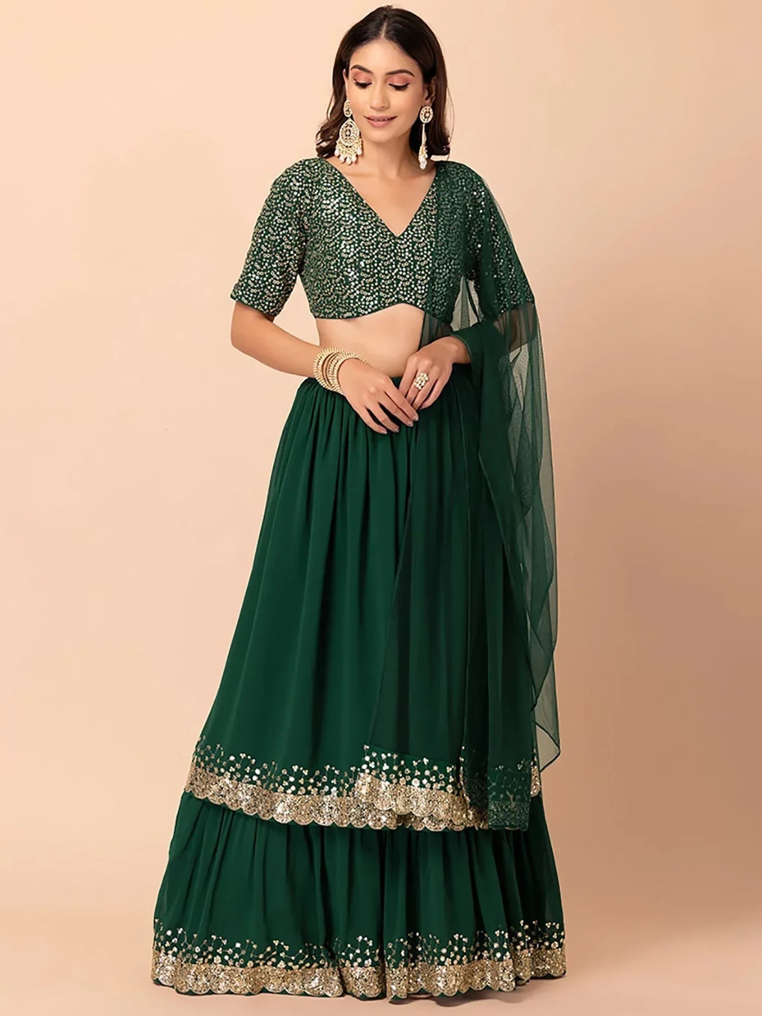 Green Amazing Sequins Georgette Reception Wear Lehenga Choli