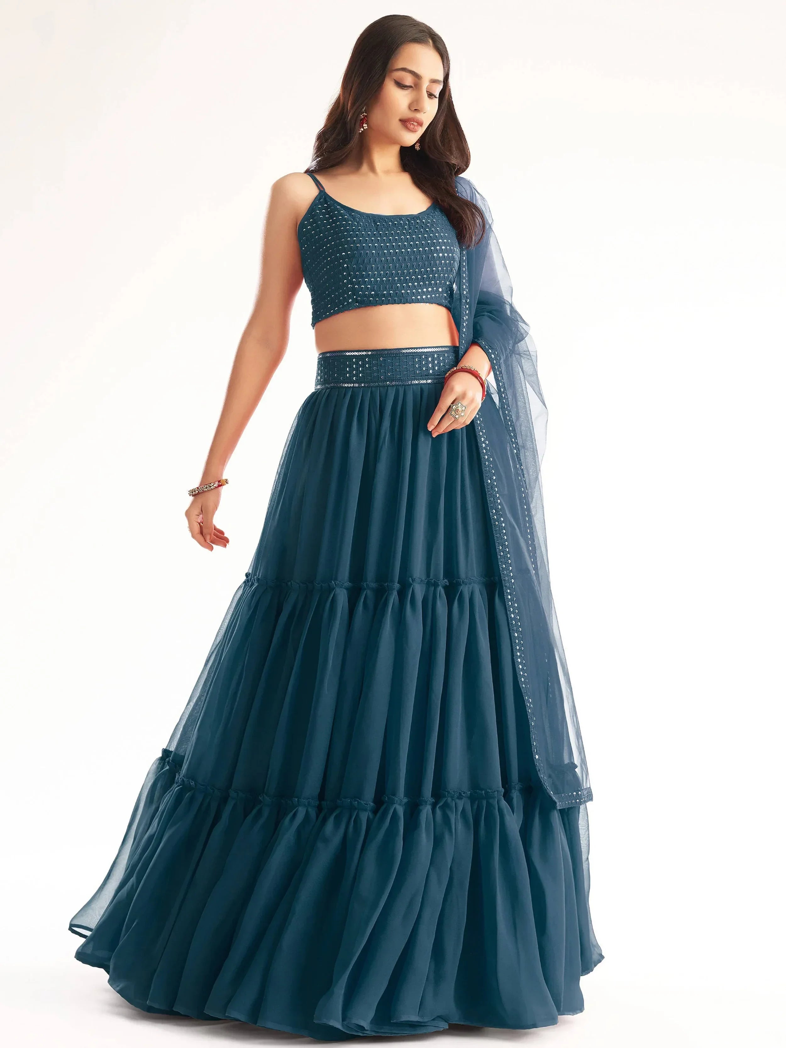Teal Adorable Georgette Party Wear Lehenga With Sequins Choli