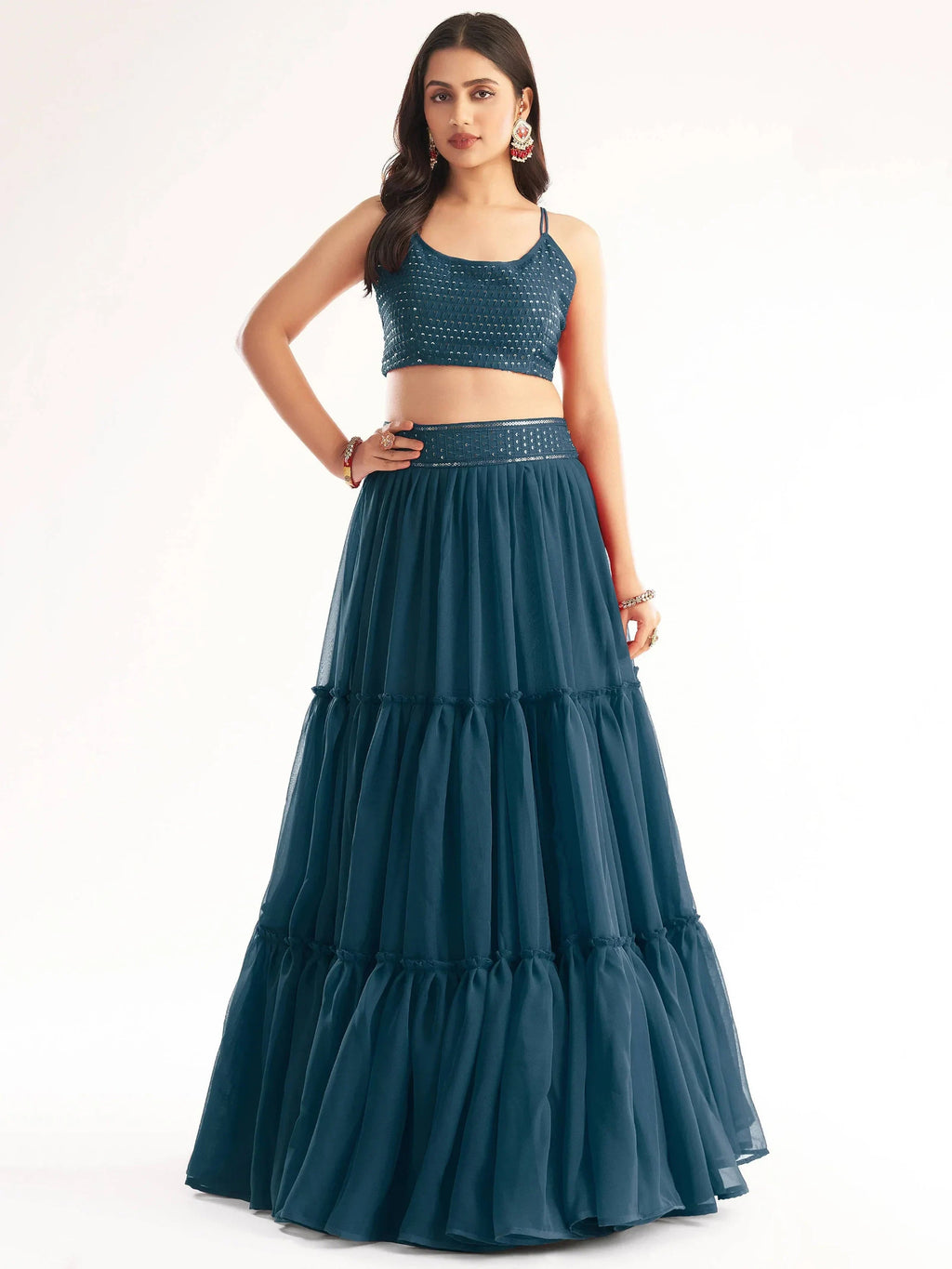 Teal Adorable Georgette Party Wear Lehenga With Sequins Choli