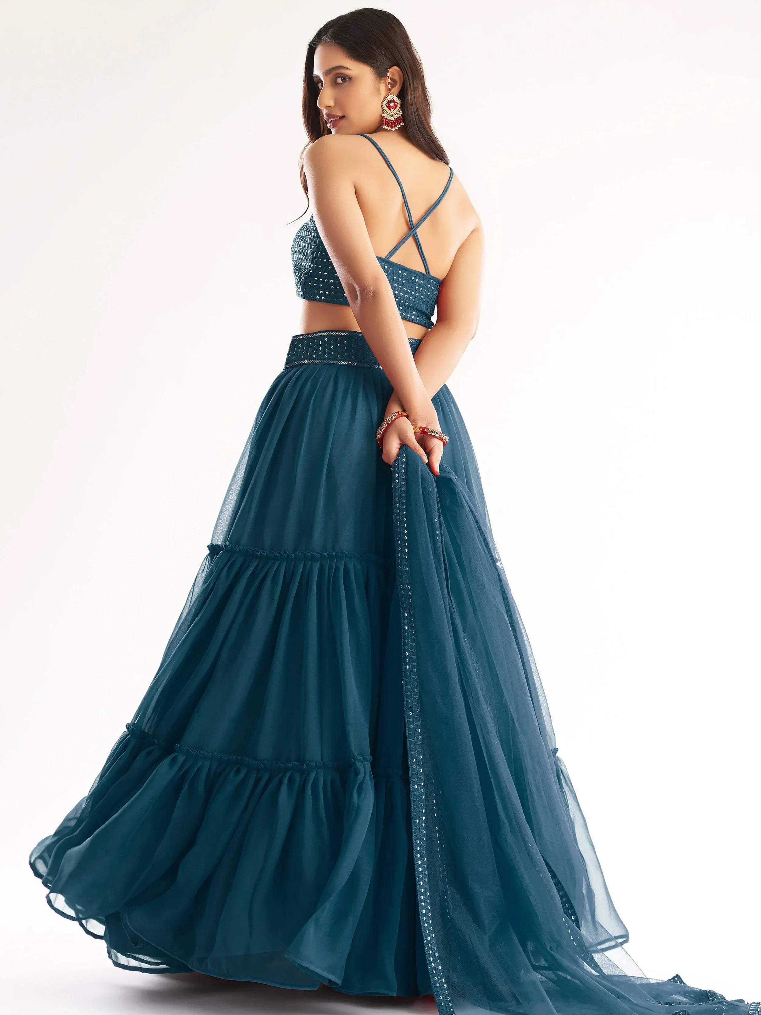 Teal Adorable Georgette Party Wear Lehenga With Sequins Choli