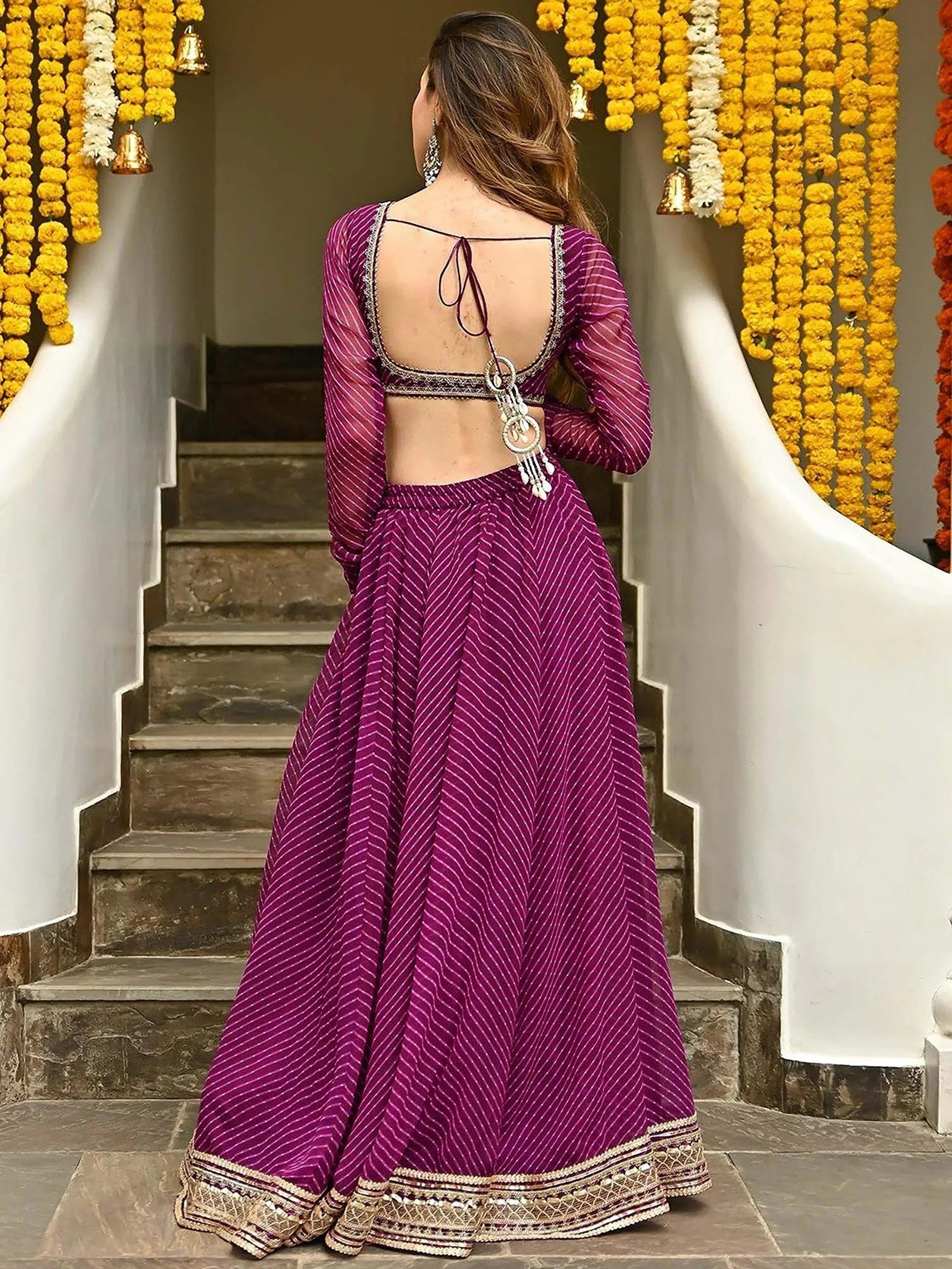 Sweet Purple Leheriya Printed Georgette Wedding Wear Lehenga Choli