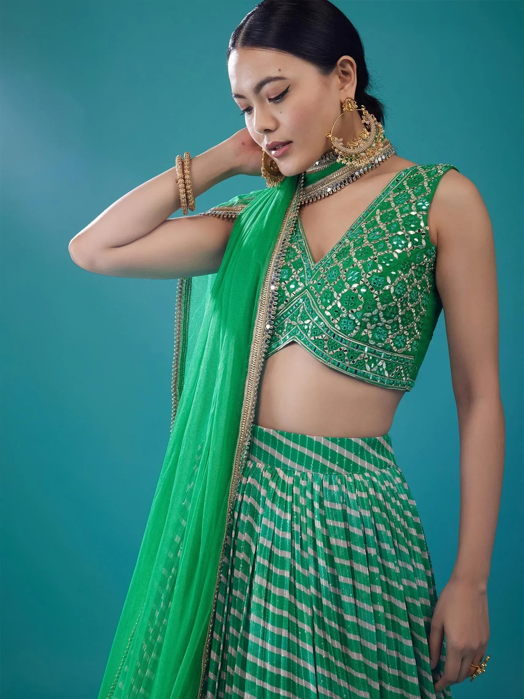 Green Alluring Digital Printed Organza Festival Wear Lehenga Choli