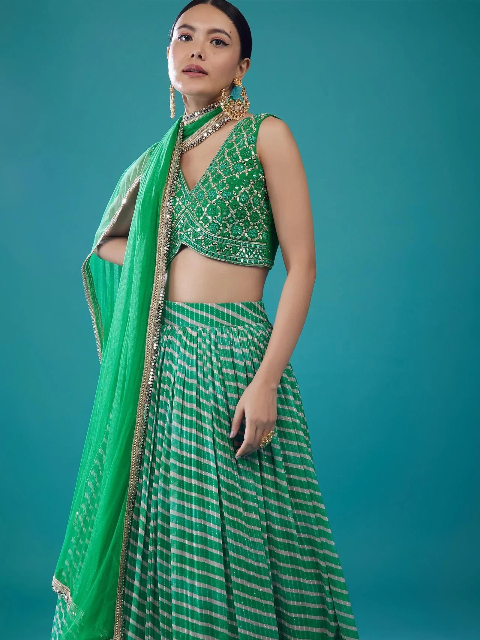 Green Alluring Digital Printed Organza Festival Wear Lehenga Choli