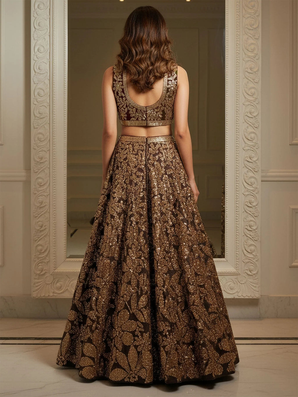 Mesmerizing Brown Sequins Net Reception Wear Plus Size Lehenga Choli